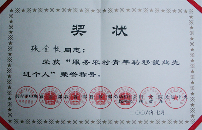 服务农村青年转移就业先进个人